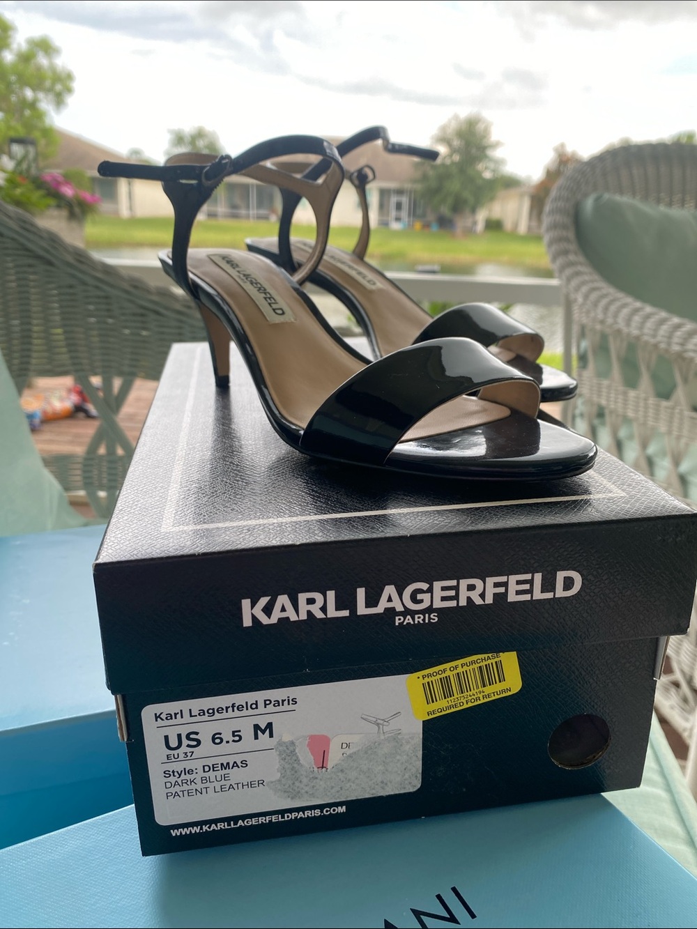 Karl Lagerfeld Navy Blue Patent Leather Open-Strap Heels
